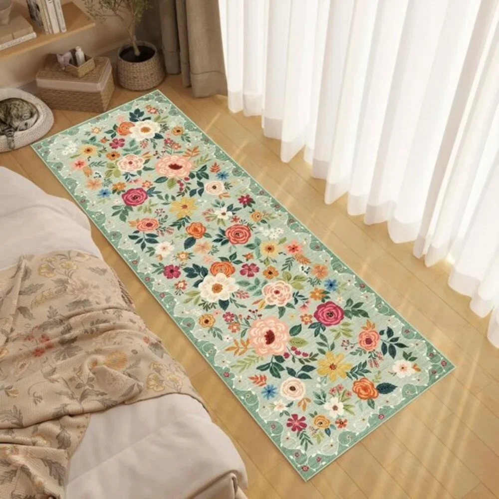 New 2.6x8 Washable Kitchen Runner Rug, Non-Slip Boho Floral Carpet, Green